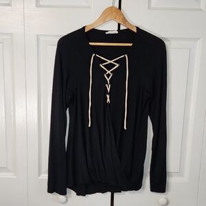 Vintage Twenty Second 22ND Womens Black Faux Wrap Lace Up Top SZ LG Soft Hippie